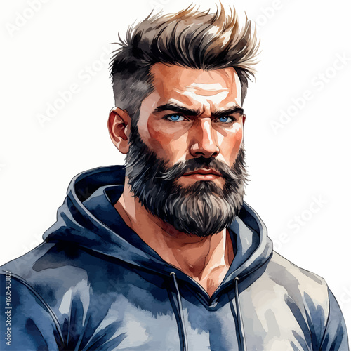Watercolor avatar of a rugged bearded man with intense look and hoodie, vector male portrait