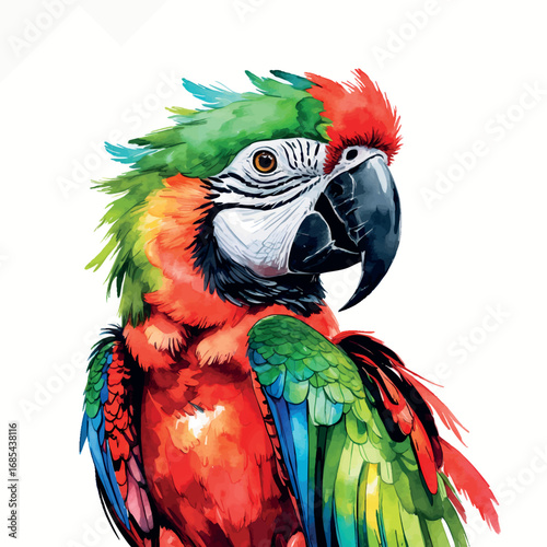 Watercolor parrot avatar with vibrant red and green feathers, exotic bird vector portrait