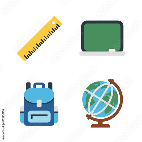 Backpack, globe, ruler, and chalkboard; essential school supplies.