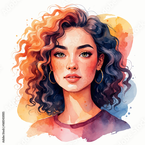 Watercolor avatar of young woman with curly hair, soft features and warm tones, isolated vector