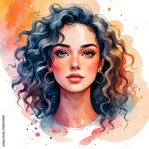 Watercolor avatar of young woman with curly hair, soft features and warm tones, isolated vector