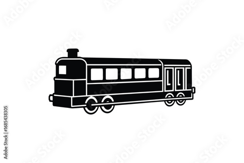 a black and white illustration of a train car with windows and wheels silhouette