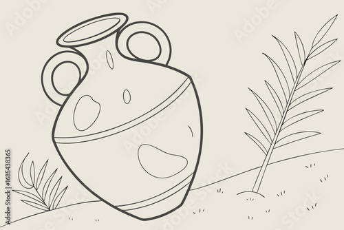 Ancient Greek Amphora Vase with Outline Drawing of Plants pottery ceramic