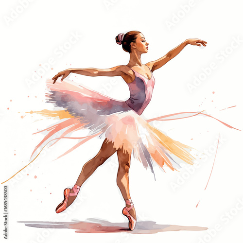Watercolor ballerina spinning gracefully with brushstroke trails in pastel tones