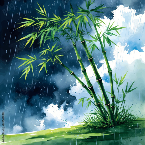 Resilient Bamboo in Storm Watercolor - Natural Metaphor for Artistic Perseverance