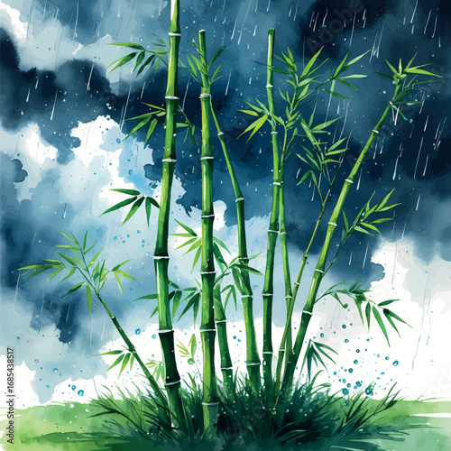Resilient Bamboo in Storm Watercolor - Natural Metaphor for Artistic Perseverance