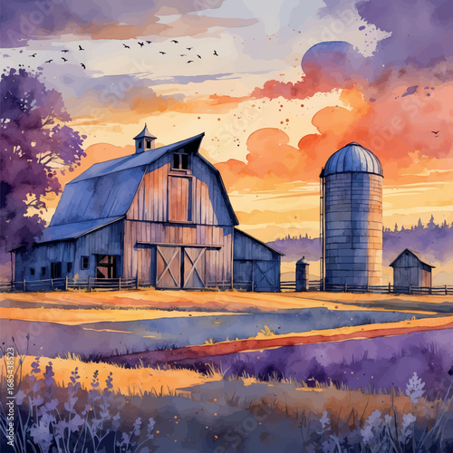 Traditional Farm Barn and Silo Watercolor. Rural Agricultural Architecture in Sunset Oranges and Purples, Countryside Landscape Illustration