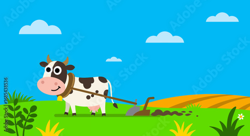 Illustration of a cow in a green meadow