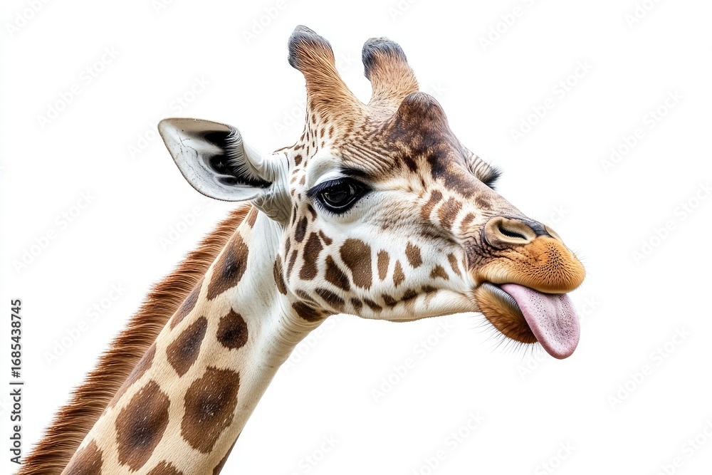 Fototapeta premium Close-up of a giraffe's head and neck, tongue out (2)
