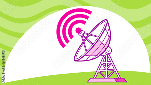 Illustration of a satellite dish with pink waves on a green and white background design style art