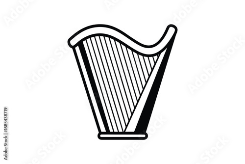 a black and white illustration of a harp with strings silhouette