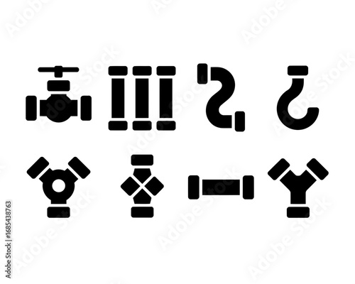 Set of eight black and white industrial pipe fittings and valves vector illustration scalable eps vector