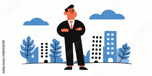 A confident business person stands tall amidst a cityscape, his gaze fixed on a bright, ambitious future. 