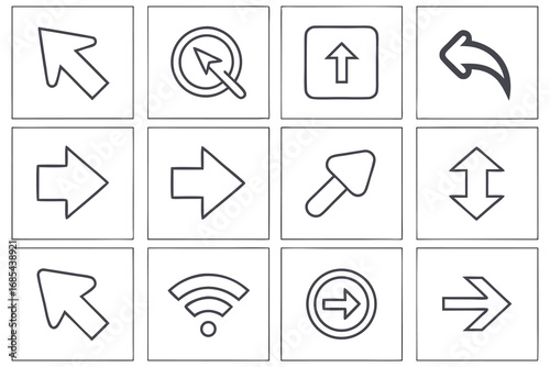 Grid of Twelve Different Arrow Icons and Symbols cursor pointer