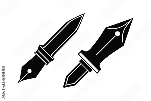 Two black and white fountain pen nibs on a plain background silhouette