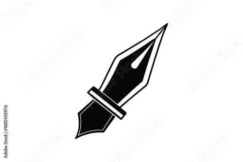 A black and white illustration of a fountain pen nib silhouette