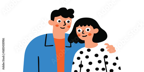 A heartwarming illustration of a happy couple, embracing in a moment of closeness, symbolizes love and companionship. The bright, simplistic design evokes feelings of warmth and connection.