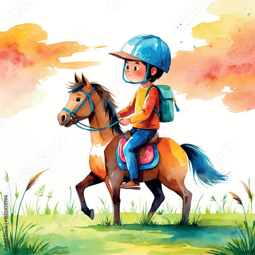 Watercolor boy riding stick horse at sunset, imaginative childhood adventure