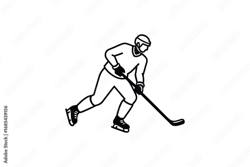 Obraz premium Ice hockey player in action skating with stick on ice rink silhouette