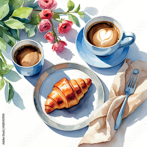 Watercolor cozy breakfast table setting with coffee and croissant, isolated on white