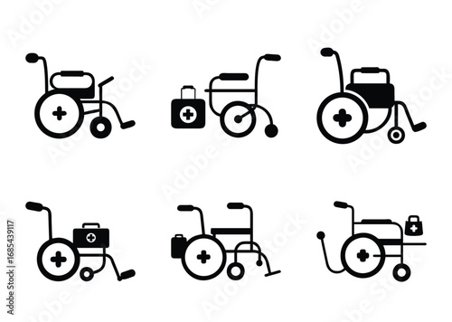 Variations of wheelchairs and first aid kits in black and white image