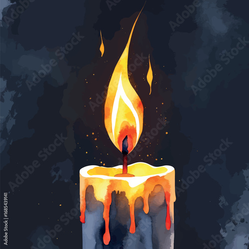 Watercolor glowing candle in darkness, minimalist symbol of willpower and hope