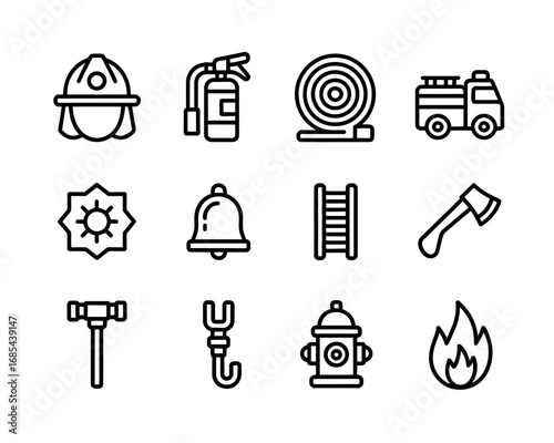 Set of 12 scalable firefighter related vector line art icons for emergency services vector