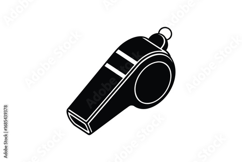 A black and white illustration of a referee whistle on a plain background silhouette