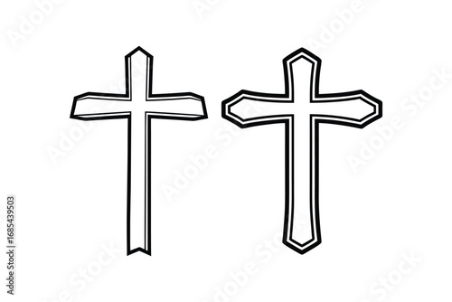 Two simple line drawn christian crosses side by side on white background silhouette