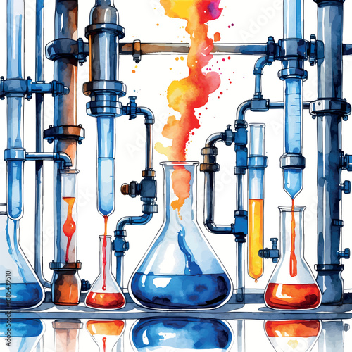 Chemical Laboratory Watercolor. Pharmaceutical Industry with Glass Vessels and Vibrant Color Reactions, Scientific Research Facility Illustration