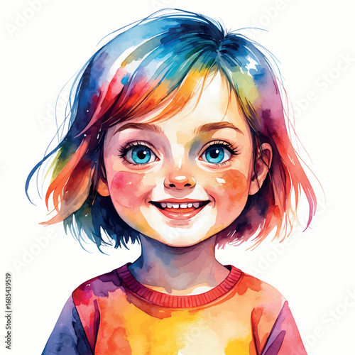 Watercolor avatar of smiling child with short hair and bright expression, isolated on white
