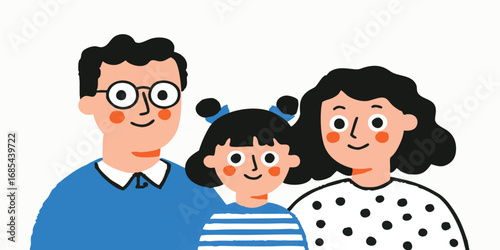 A happy family portrait of three people smiling brightly, capturing the warmth and togetherness of familial love in a vibrant illustration.
