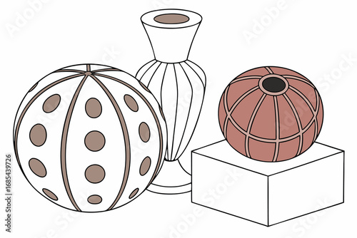 Three Decorative Objects Including Two Spheres And A Vase On A White Background ball