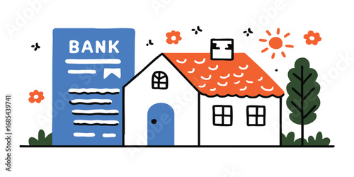 A charming illustration depicting a house next to a bank statement, conveying concepts of financial security and home ownership.