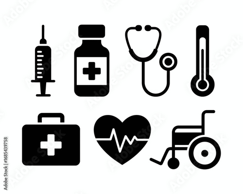 Set of eight black medical icons for healthcare and science vector illustration scalable eps vector