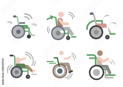 Stylized illustrations of people using wheelchairs, a depiction of mobility aids