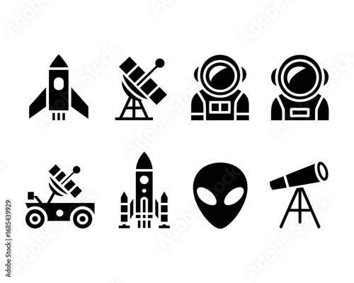 Set of 8 black and white space themed vector illustrations scalable icons for astronomy and science vector