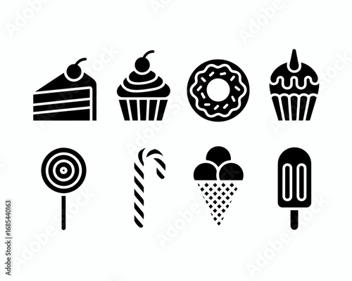 Set of 8 black and white vector icons representing various delicious sweets and desserts vector