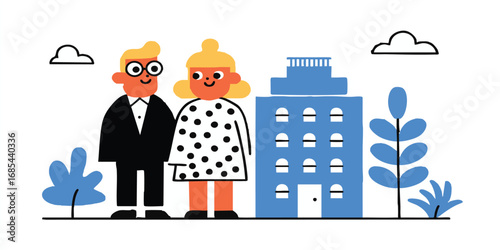 A stylish couple stands confidently in front of a modern high-rise building, symbolizing the pursuit of dreams and ambitions. The scene captures the essence of progress and forward-thinking.