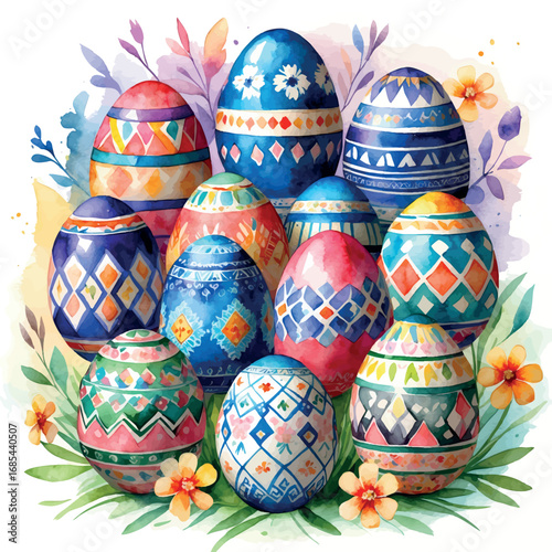Watercolor decorated Ukrainian Easter eggs with traditional patterns, isolated