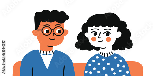 An animated illustration of a boy and a girl, possibly a couple, in a warm and inviting scene. Perfect for illustrating concepts of love, relationships, and youthful companionship.