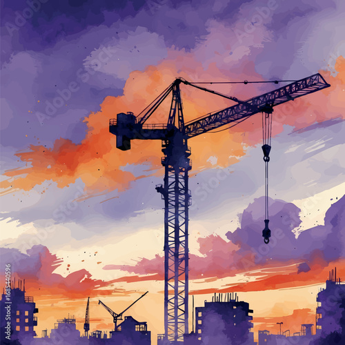 Construction Crane Silhouette Watercolor. Urban Development Scene in Purple and Orange Sunset Colors for Architecture and Building Industry Art