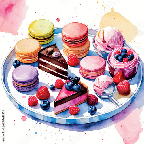 Dessert platter watercolor illustration. Colorful collection of sweet treats including macarons, chocolate cake, berry tart and ice cream with vibrant brushwork.