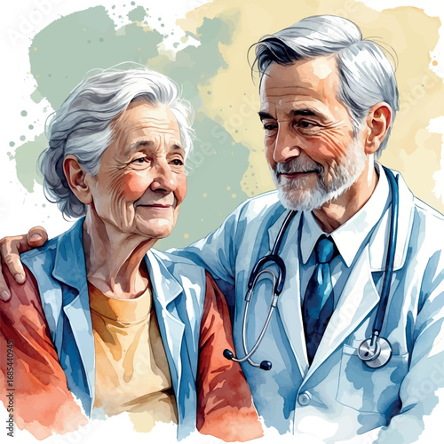 Watercolor elderly patient and doctor in home care setting, vector illustration