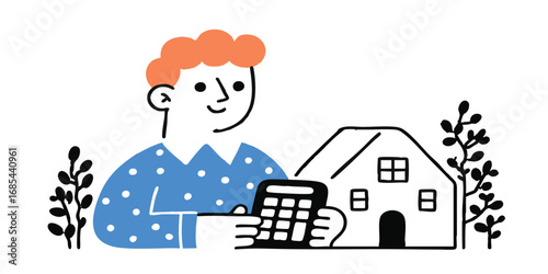 An illustration of a person calculating financial plan for home with a clean, minimalist design, creating a sense of trustworthiness.