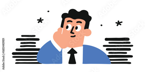 An animated businessman deep in thought, surrounded by stacks of documents, captured in a clean graphic design.