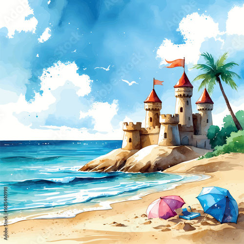 Family beach day watercolor scene. Summer vacation moment of sandcastle building in soft blue ocean and sandy tones showing carefree happiness.