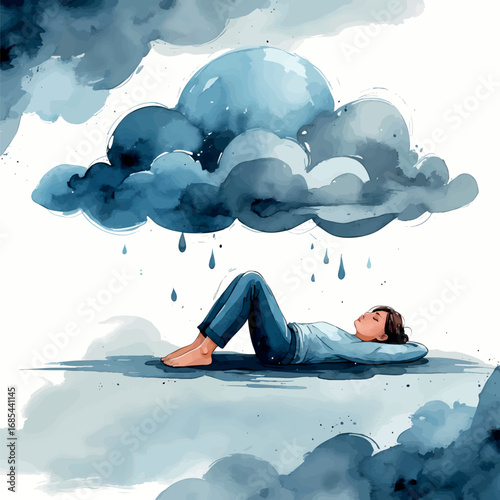 Watercolor illustration depicting Chronic Fatigue Syndrome with person under weighted cloud. Medical awareness concept isolated on white background.