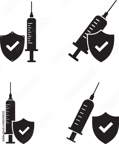 Medical syringe and shield icon set for vaccination and healthcare protection silhouette