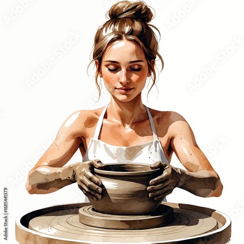 Watercolor female potter at clay wheel, skilled artisan creating ceramic art